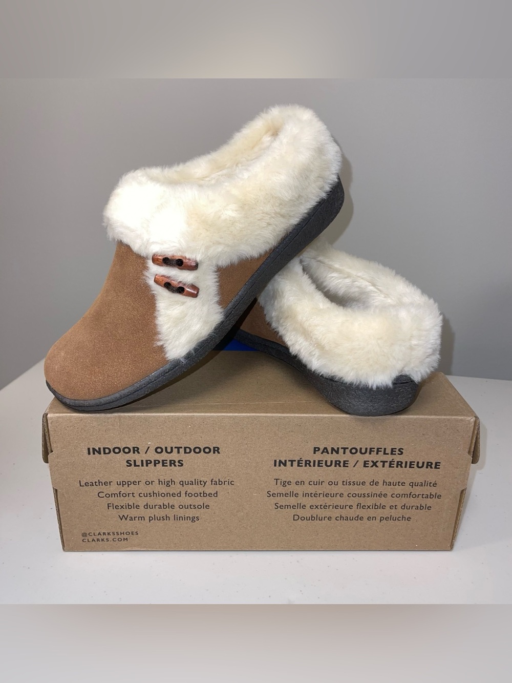 NWT CLARKS Women's Shoe 8 Suede Leather Cognac Sherpa Clog Slip On Slide Winter